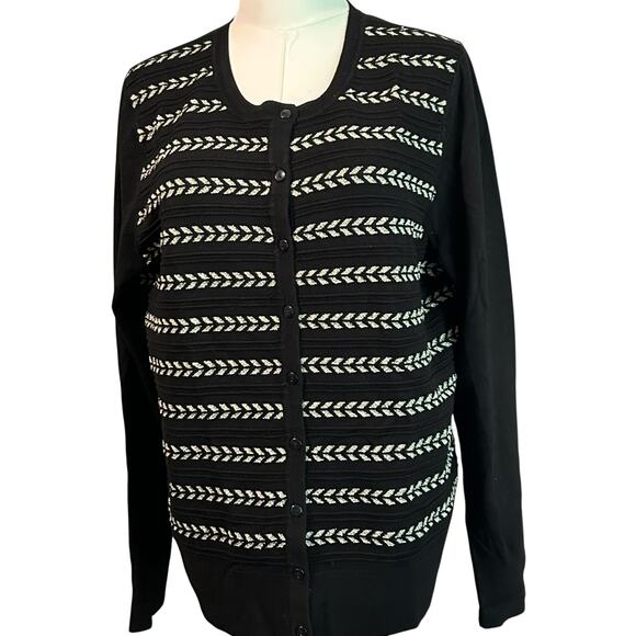 Charter Club Lurex Sparkle Stripe Cardigan Deep Black XL Preppy Boho Office Chic - Picture 2 of 8